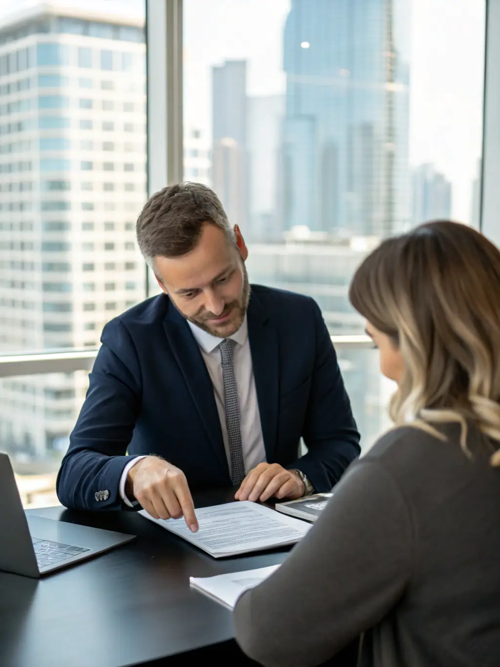 An image of a financial advisor providing personalized advice to a client in a sophisticated setting, for Broadstreet Global Advisors.