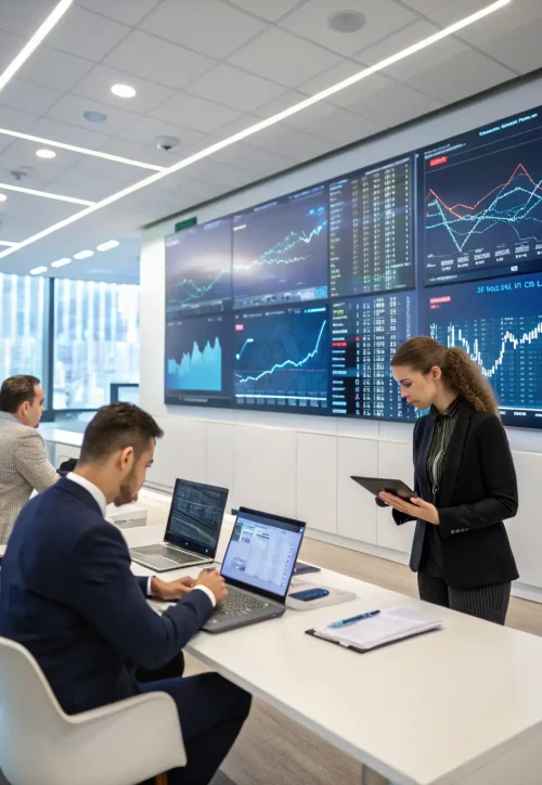 A sophisticated, modern office interior with financial charts displayed on a large screen, symbolizing wealth management and strategic financial planning at Broadstreet Global Advisors.
